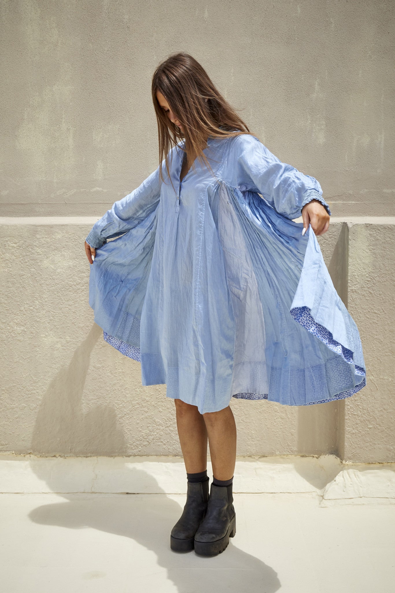 RANGREZ SILK SHIRT DRESS, SKY BLUE - SAAKI