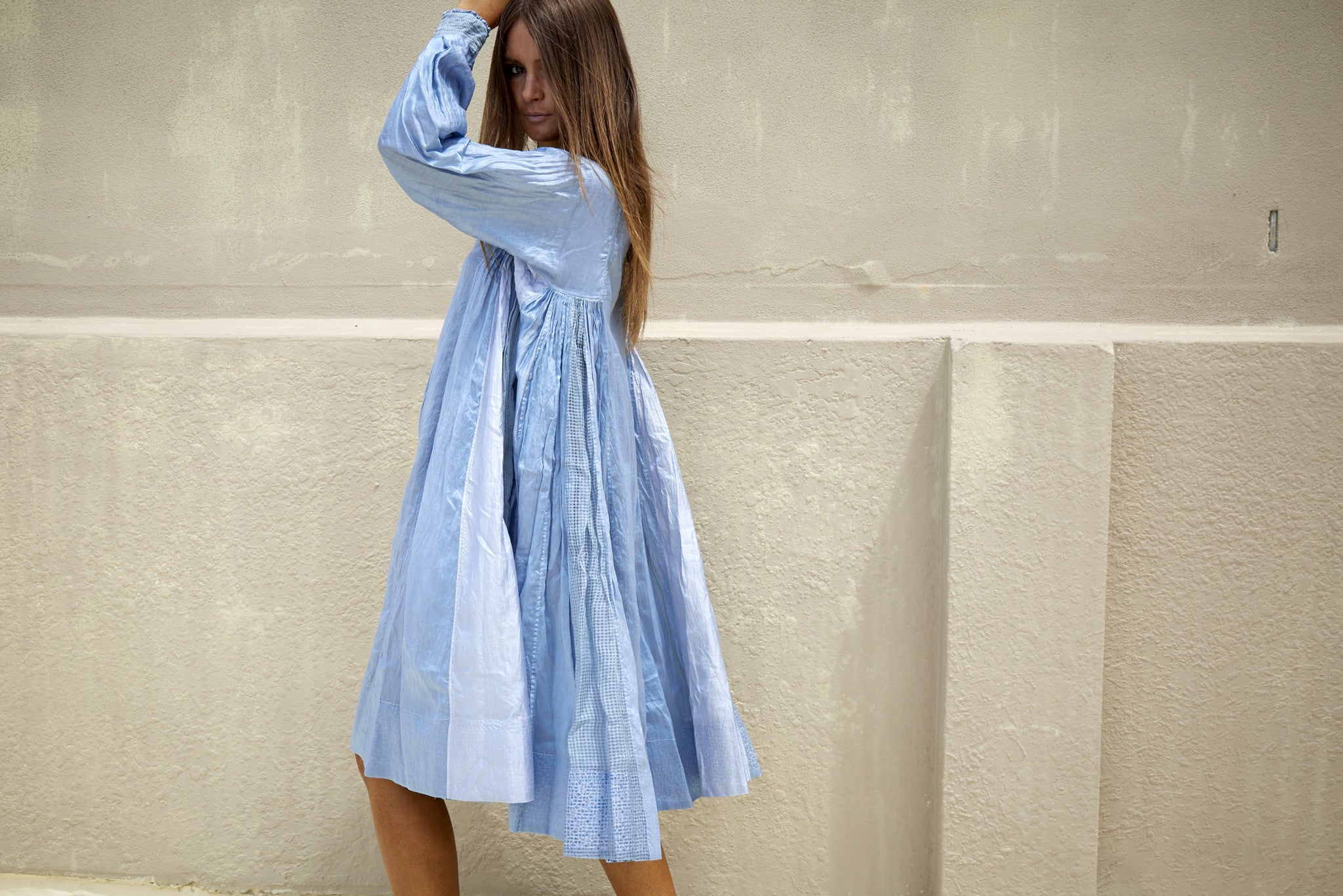 RANGREZ SILK SHIRT DRESS, SKY BLUE - SAAKI