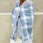 TASSEL POMPOM SCARF, WHITE BLUE GREEN MADRAS CHECK - SAAKI