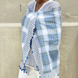 TASSEL POMPOM SCARF, WHITE BLUE GREEN MADRAS CHECK - SAAKI