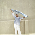 TASSEL POMPOM SCARF, WHITE BLUE GREEN MADRAS CHECK - SAAKI