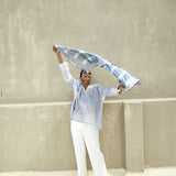 TASSEL POMPOM SCARF, WHITE BLUE GREEN MADRAS CHECK - SAAKI