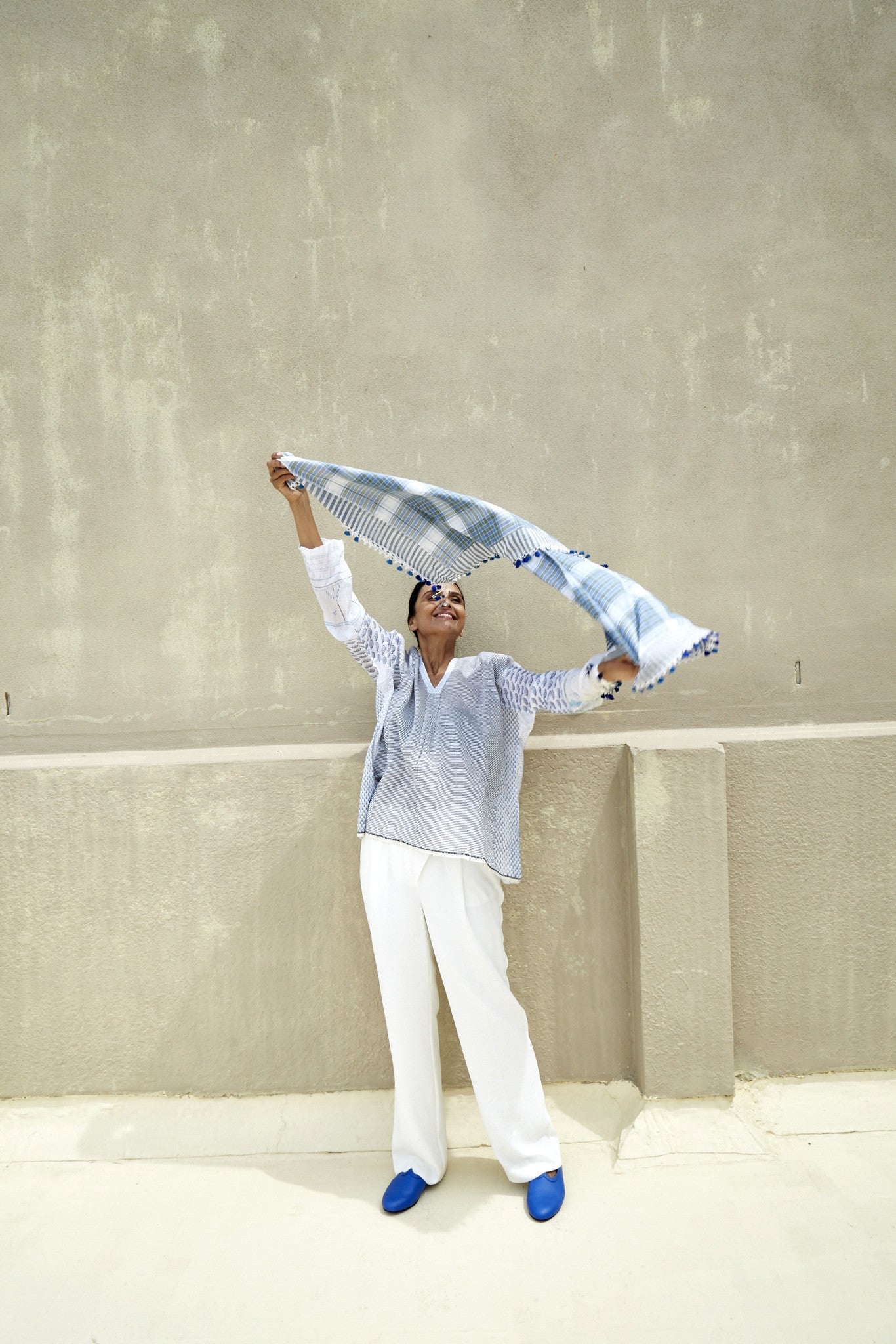TASSEL POMPOM SCARF, WHITE BLUE GREEN MADRAS CHECK - SAAKI
