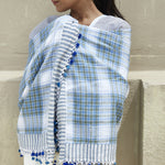 TASSEL POMPOM SCARF, WHITE BLUE GREEN MADRAS CHECK - SAAKI