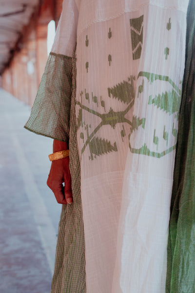 MUSLIN JAMDANI DRESS, GREEN