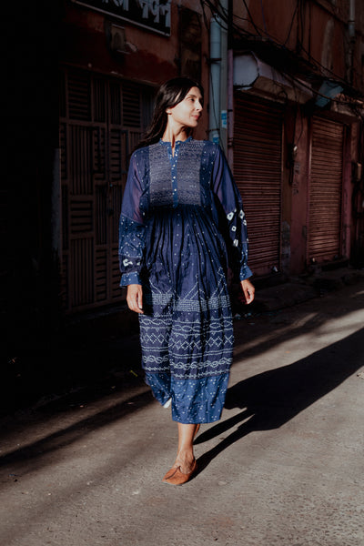 JAIPUR BANDHANI DRESS, INDIGO SILK