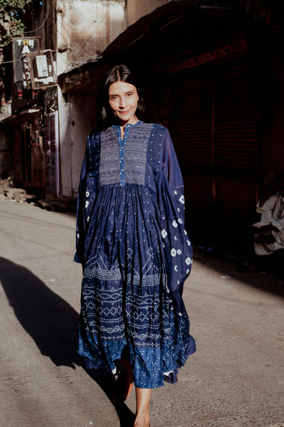 JAIPUR BANDHANI DRESS, INDIGO SILK