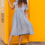 V-NECK RUCHED DRESS, LIGHT BLUE - SAAKI