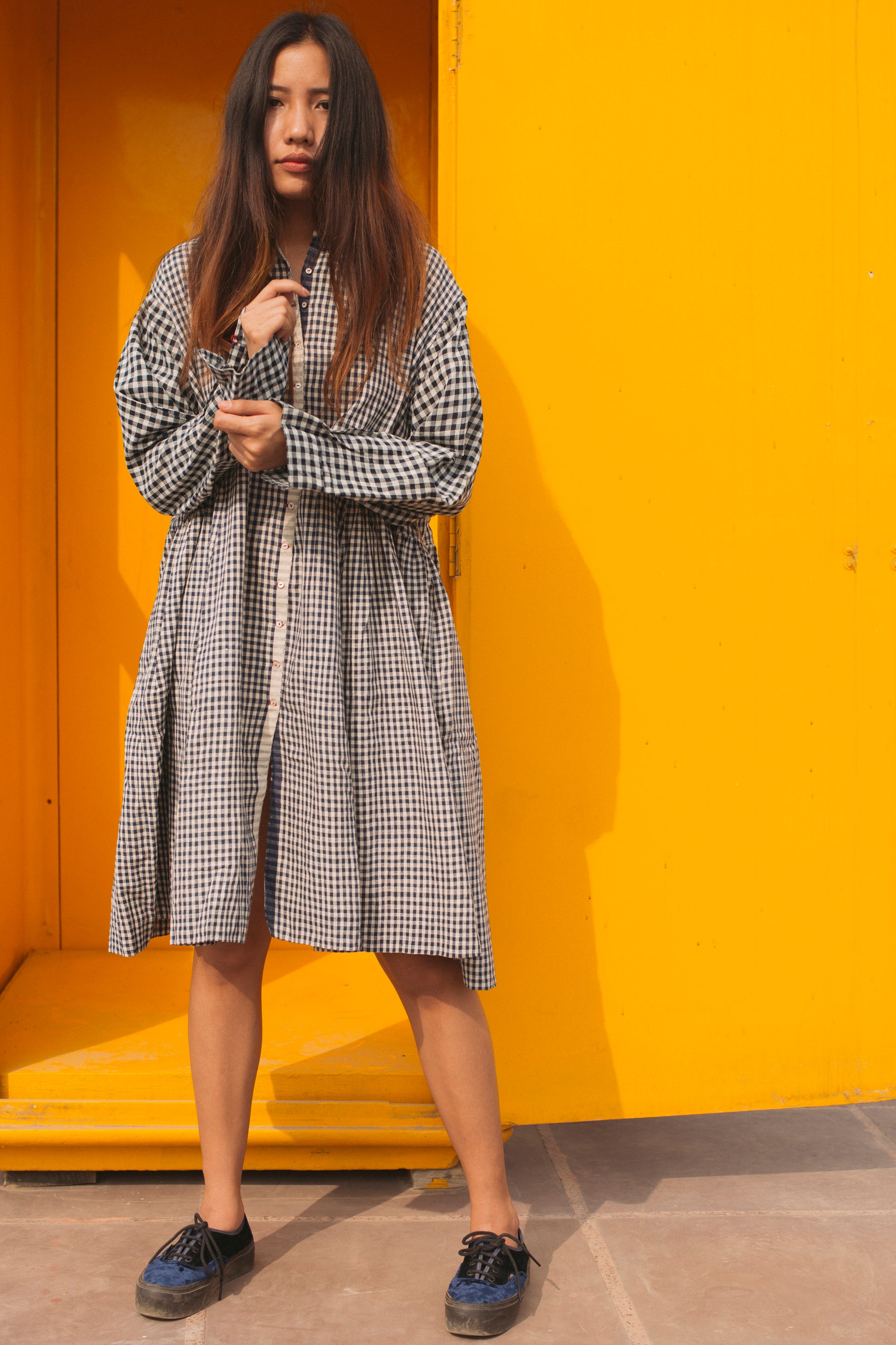 MADRAS CHECK SHIRT DRESS, NAVY - SAAKI