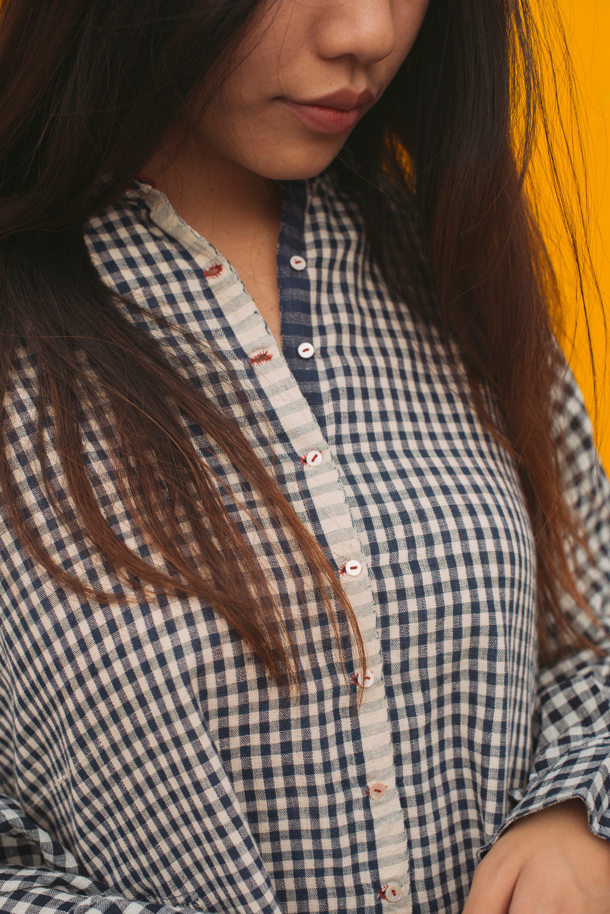 MADRAS CHECK SHIRT DRESS, NAVY - SAAKI