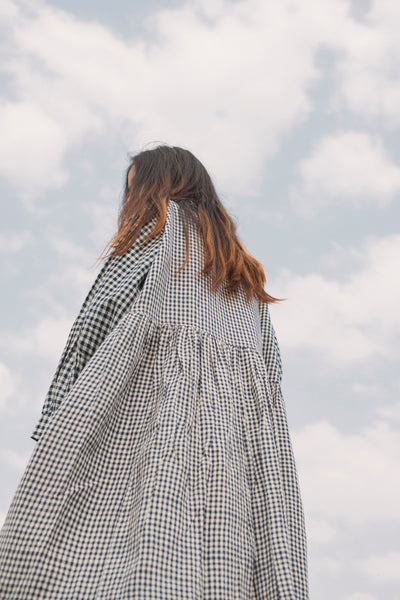 MADRAS CHECK SHIRT DRESS, NAVY - SAAKI