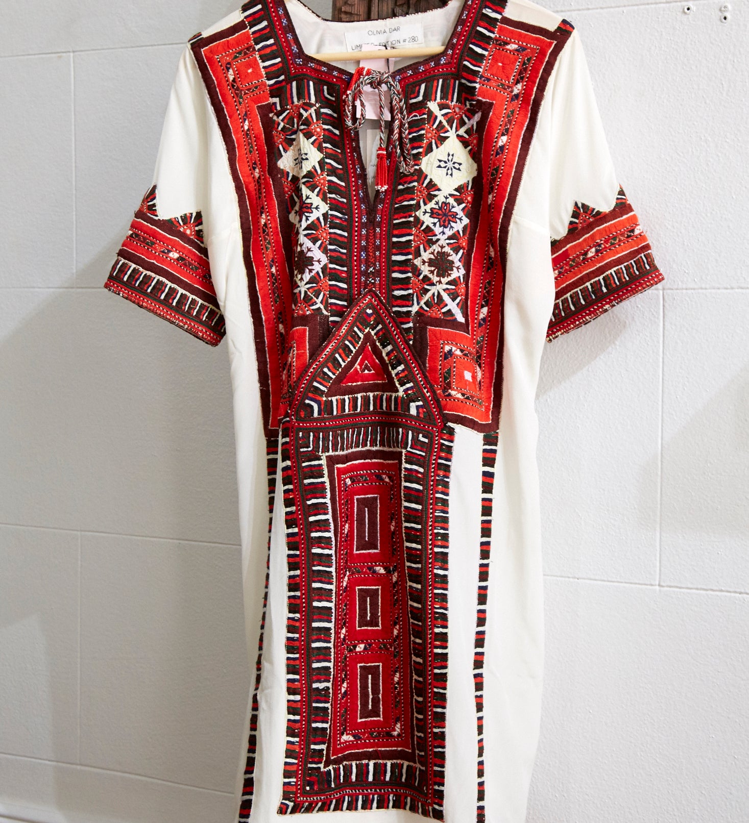 VINTAGE EMBROIDERY DRESS SHORT, IVORY/RED SILK - SAAKI