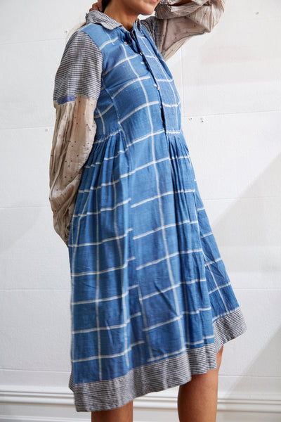 CHECK POLKADOT SLEEVE SHIRT DRESS, BLUE/ECRU/GREY - SAAKI