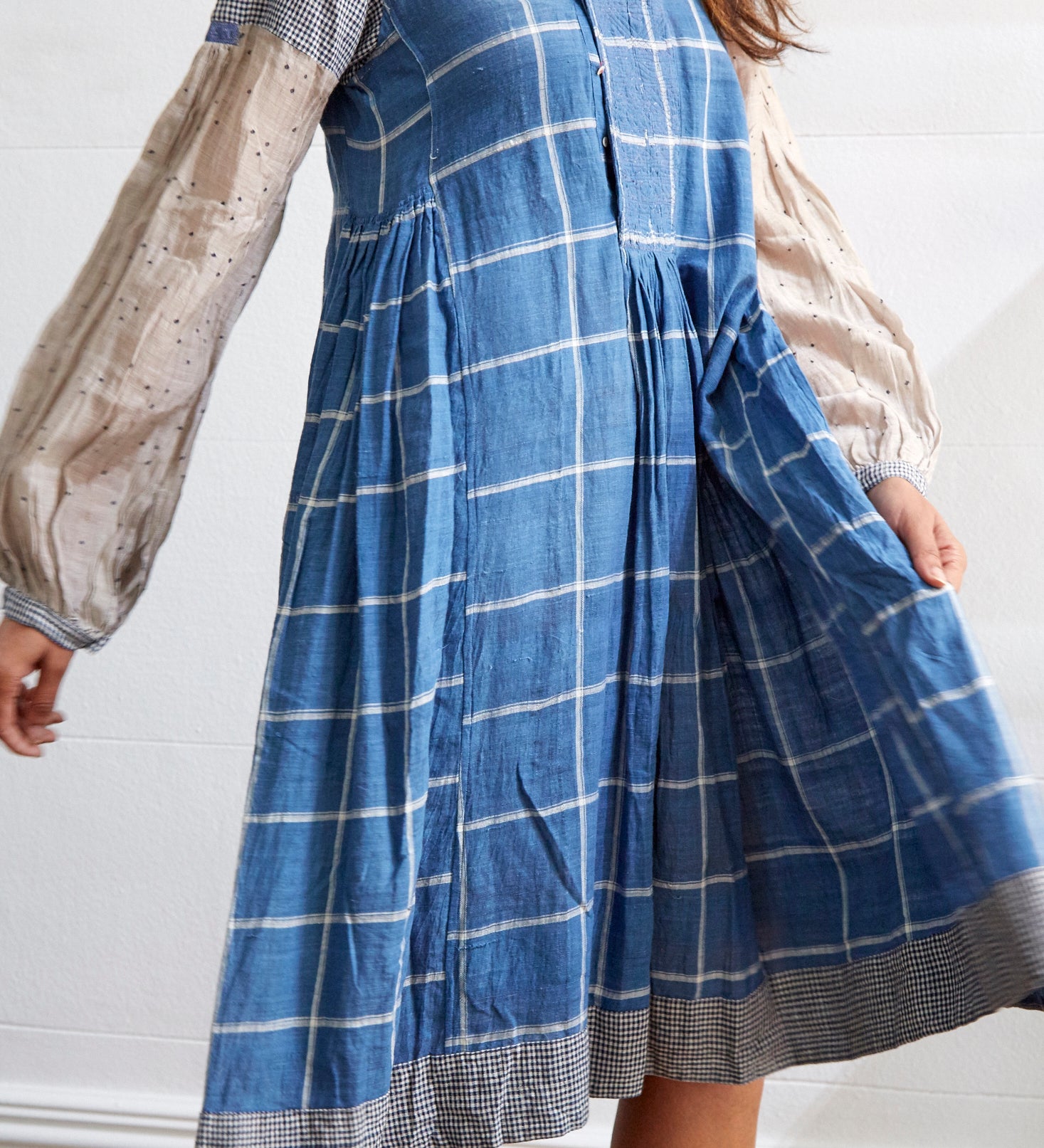 CHECK POLKADOT SLEEVE SHIRT DRESS, BLUE/ECRU/GREY - SAAKI