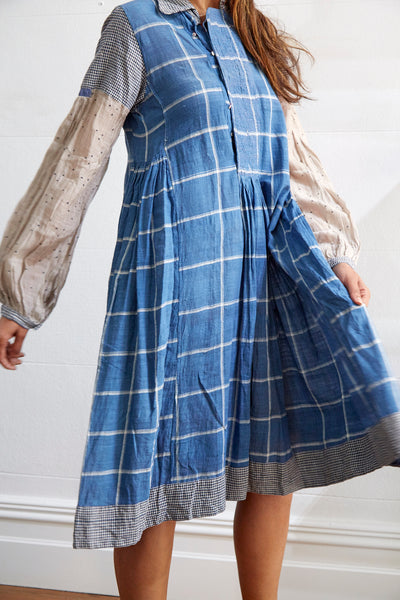 CHECK POLKADOT SLEEVE SHIRT DRESS, BLUE/ECRU/GREY - SAAKI