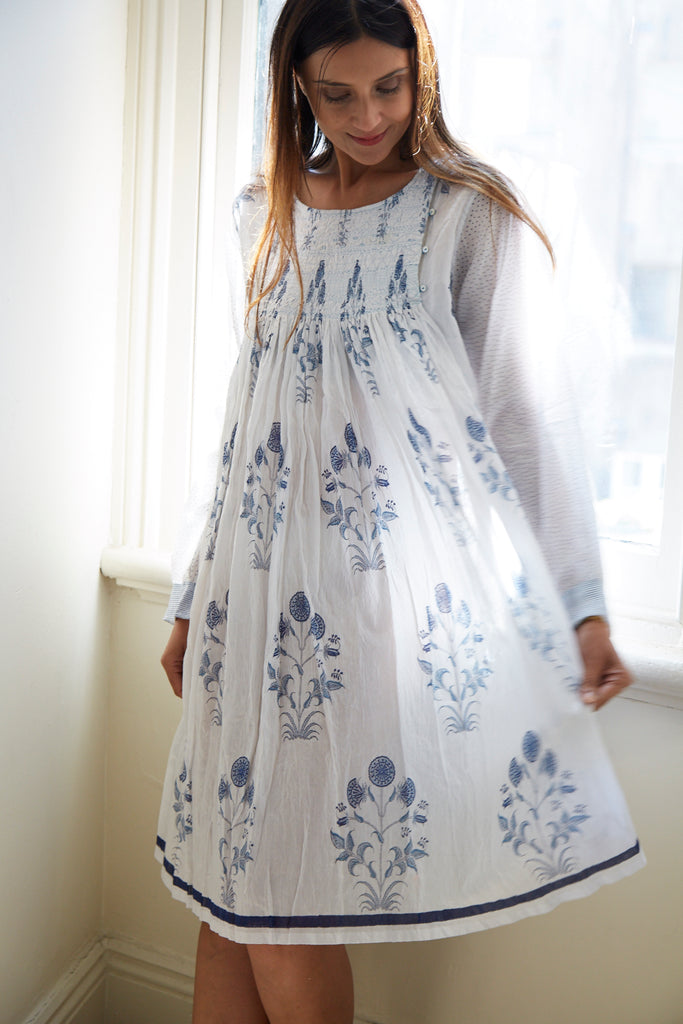 BOTANIC BLOCK PRINT DRESS, BLUE // WHITE - SAAKI