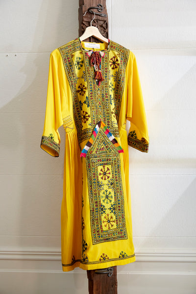 VINTAGE EMBROIDERY CAFTAN-DRESS LONG, YELLOW/BROWN/RED SILK - SAAKI