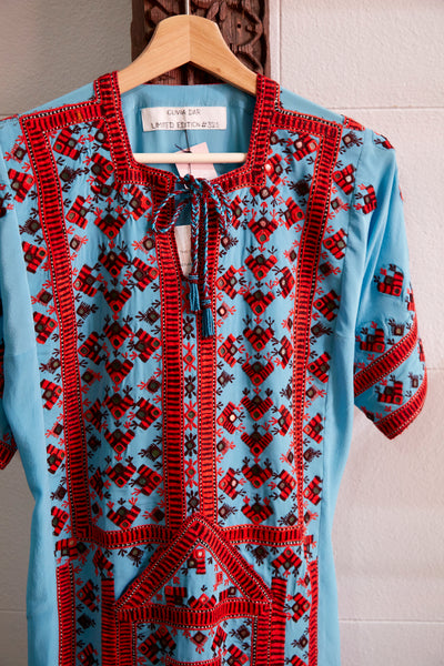 VINTAGE EMBROIDERY DRESS SHORT, LIGHT BLUE/RED SILK - SAAKI