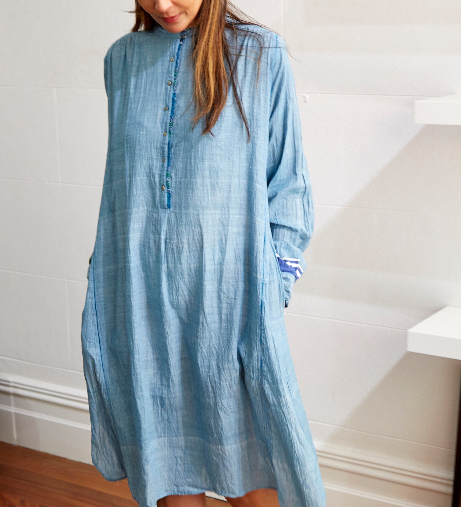 RUFFLE SHIRT DRESS, LIGHT BLUE - SAAKI
