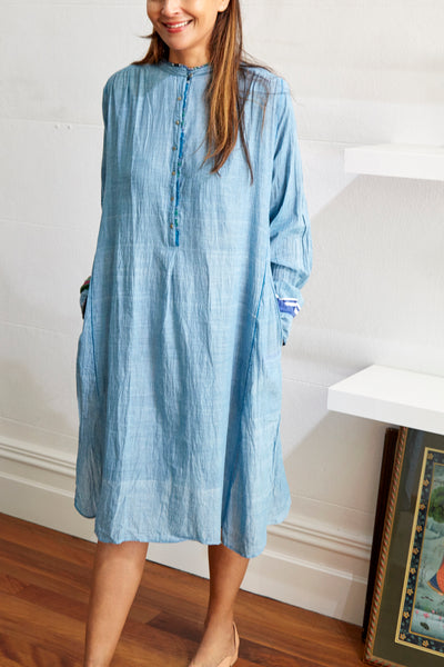 RUFFLE SHIRT DRESS, LIGHT BLUE - SAAKI