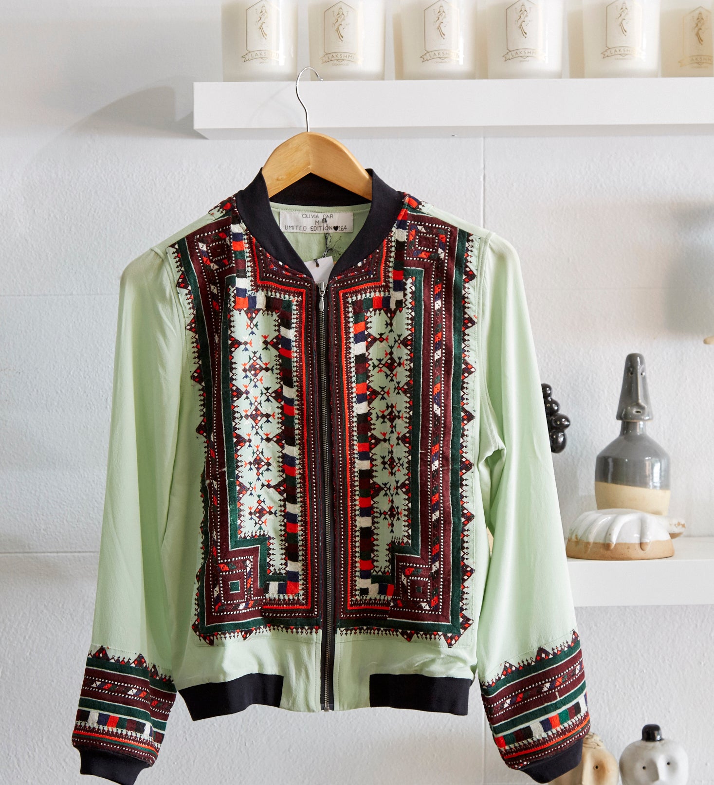 VINTAGE EMBROIDERY BOMBER JACKET, MINT SILK - SAAKI