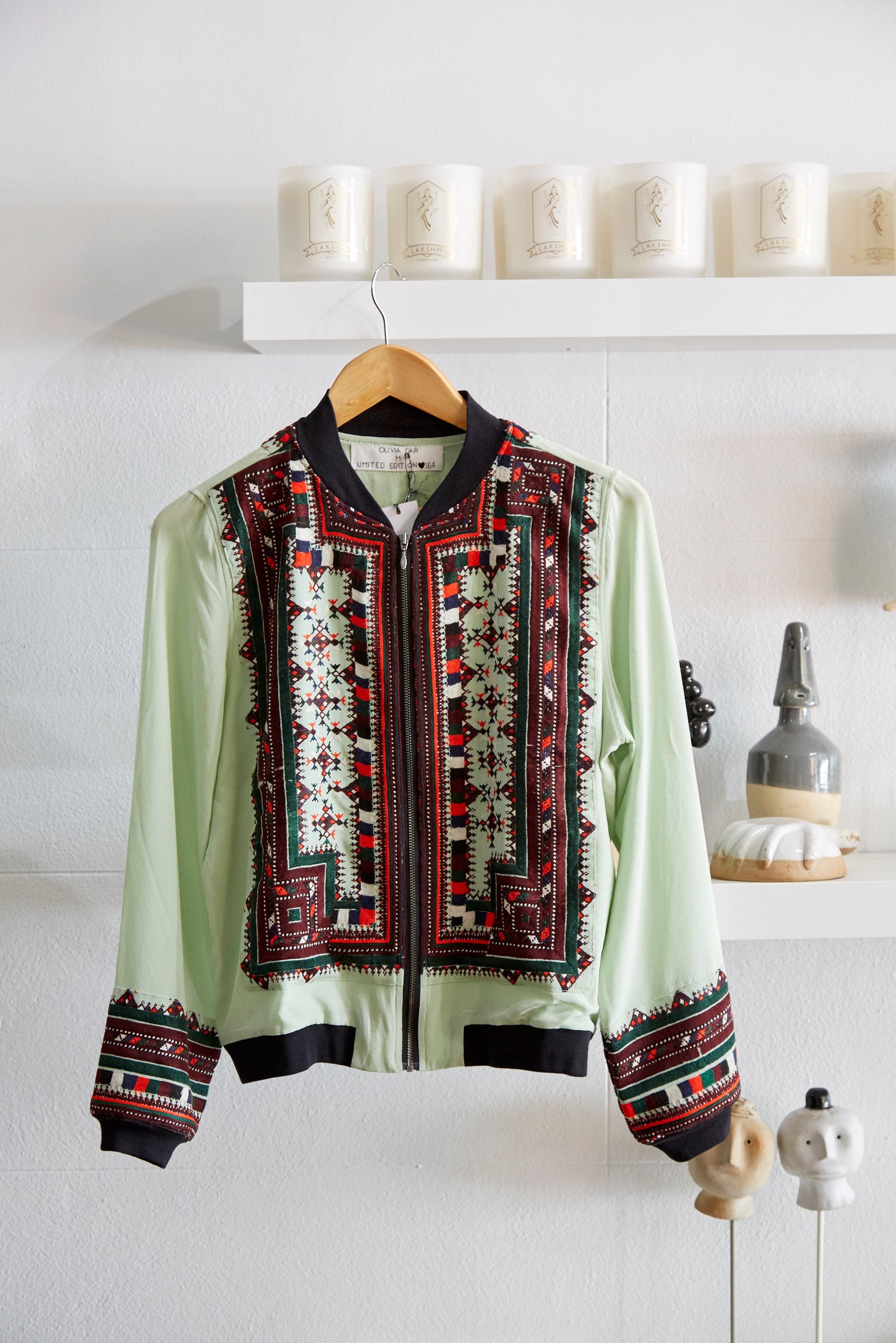 VINTAGE EMBROIDERY BOMBER JACKET, MINT SILK - SAAKI