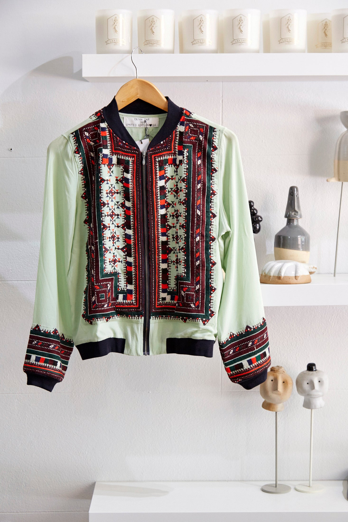 VINTAGE EMBROIDERY BOMBER JACKET, MINT SILK - SAAKI