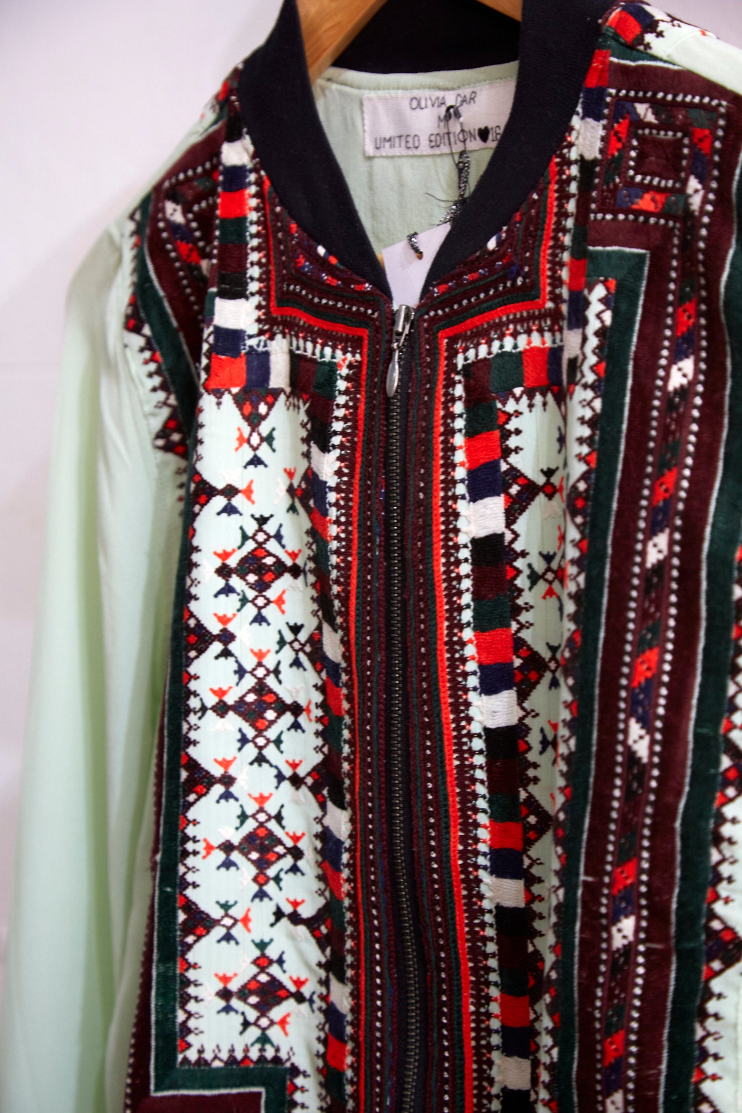 VINTAGE EMBROIDERY BOMBER JACKET, MINT SILK - SAAKI
