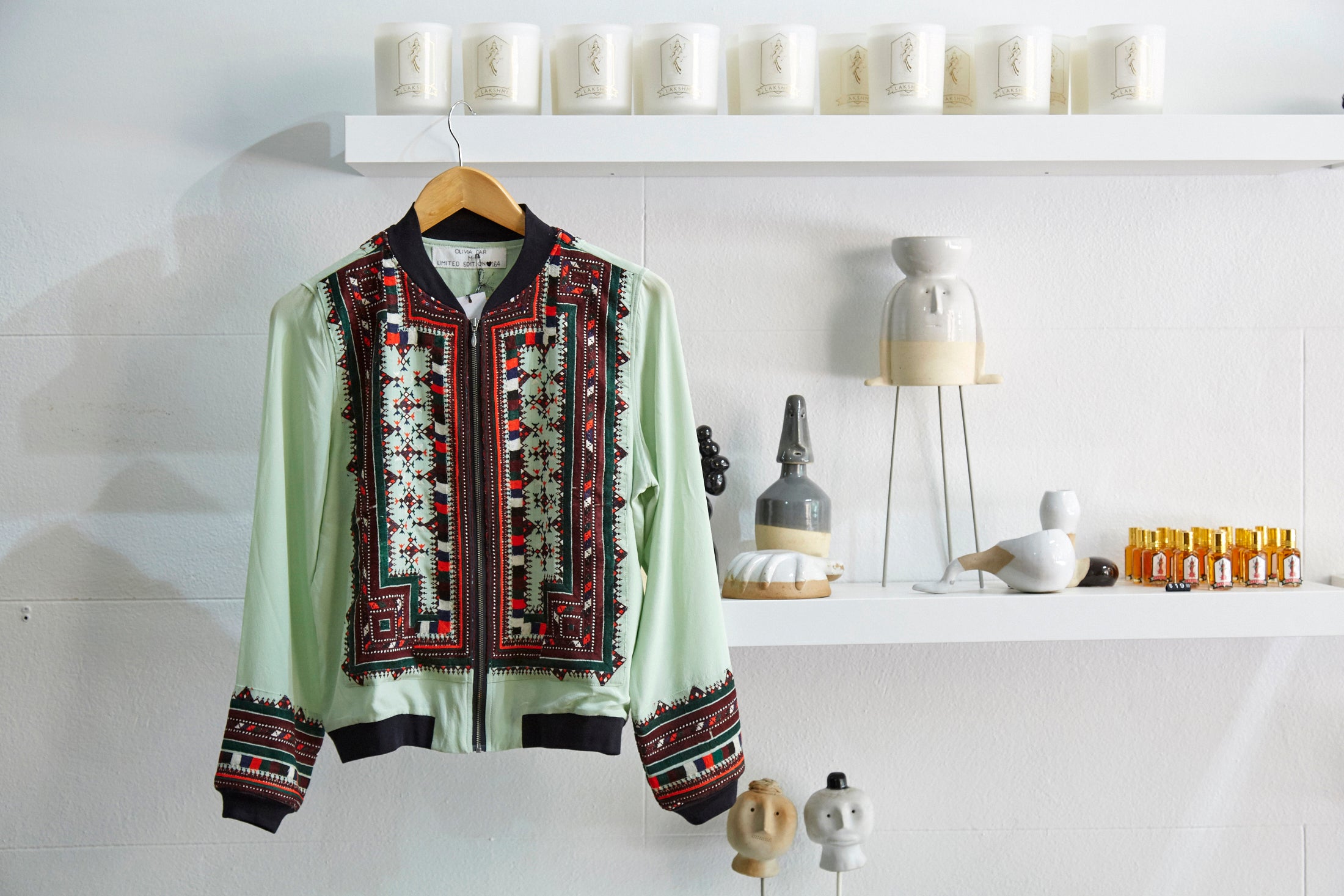 VINTAGE EMBROIDERY BOMBER JACKET, MINT SILK - SAAKI