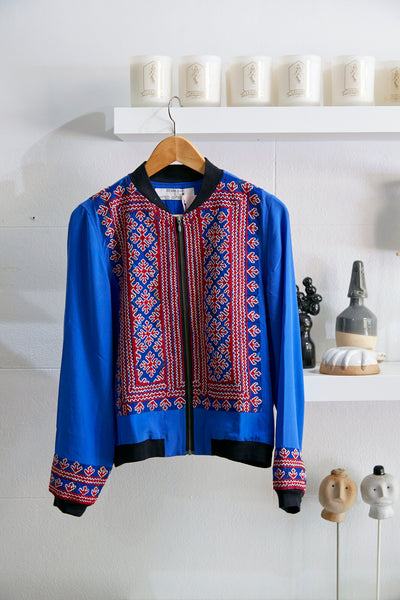 VINTAGE EMBROIDERY BOMBER JACKET, BLUE // RED SILK - SAAKI