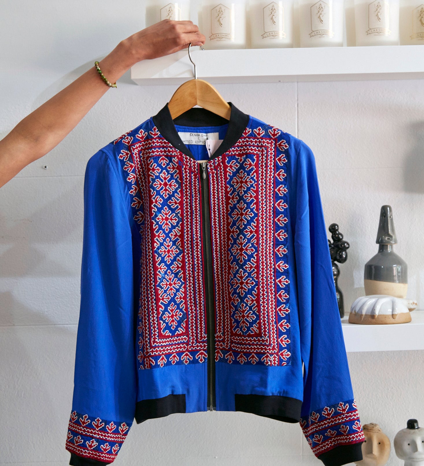 VINTAGE EMBROIDERY BOMBER JACKET, BLUE // RED SILK - SAAKI
