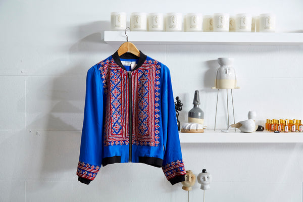 VINTAGE EMBROIDERY BOMBER JACKET, BLUE // RED SILK - SAAKI