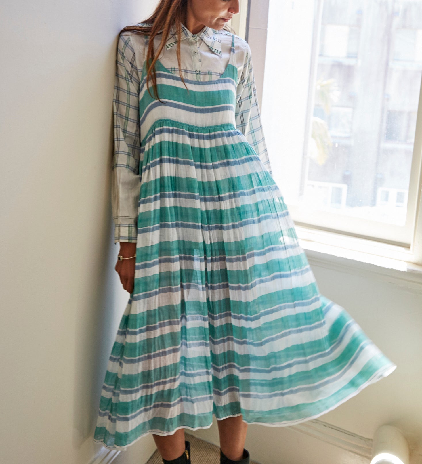 STRIPE MAXI DRESS, GREEN/WHITE - SAAKI