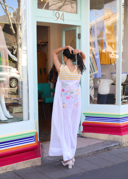 MUSLIN JAMDANI//YELLOW STRIPE DRESS, WHITE - SAAKI