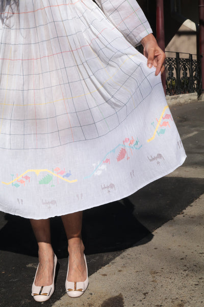 PLEATED BABYDOLL DRESS, WHITE CHECK - SAAKI