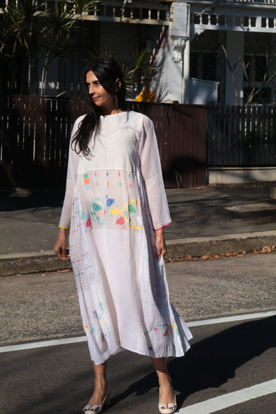 MUSLIN JAMDANI//CHECK DRESS, WHITE - SAAKI