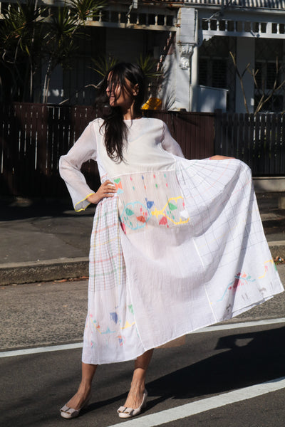 MUSLIN JAMDANI//CHECK DRESS, WHITE - SAAKI