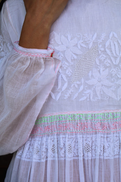 MUSLIN DRESS, WHITE CHIKANKARI - SAAKI