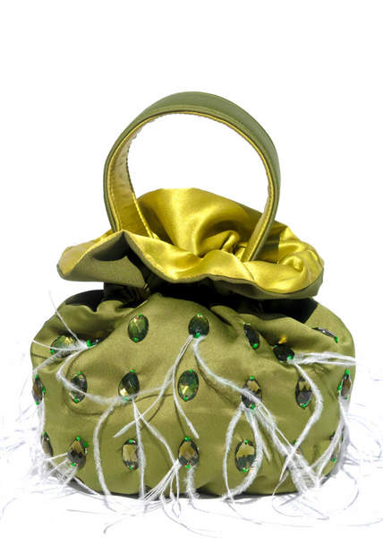Satin Embellished Bucket Bag - Green