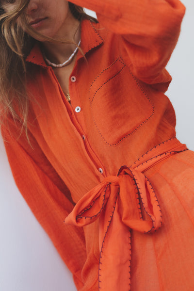 PANEL WOOL DRESS, BLOOD ORANGE