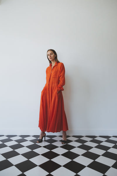 PANEL WOOL DRESS, BLOOD ORANGE