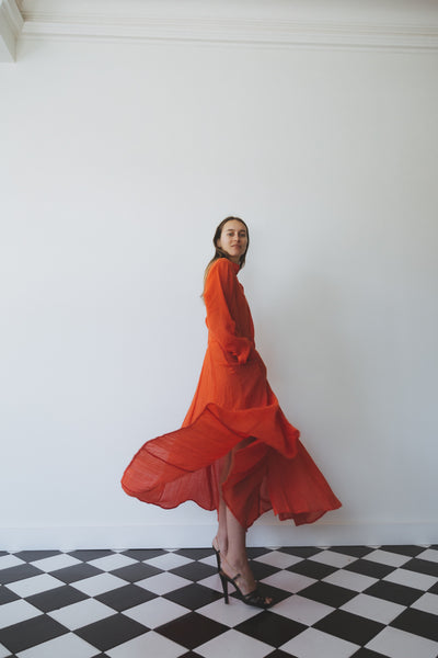 PANEL WOOL DRESS, BLOOD ORANGE