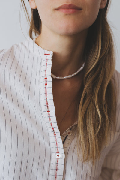 JASMINE SHIRT, IVORY/INDIGO PINSTRIPE COTTON