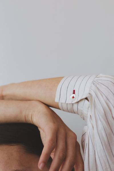 JASMINE SHIRT, IVORY/INDIGO PINSTRIPE COTTON