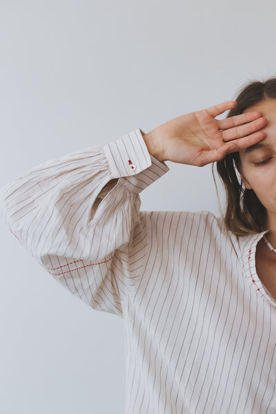 JASMINE SHIRT, IVORY/INDIGO PINSTRIPE COTTON