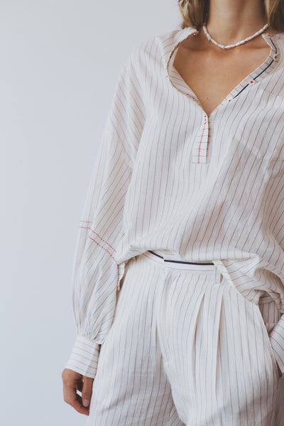 JASMINE SHIRT, IVORY/INDIGO PINSTRIPE COTTON