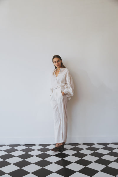 JASMINE SHIRT, IVORY/INDIGO PINSTRIPE COTTON