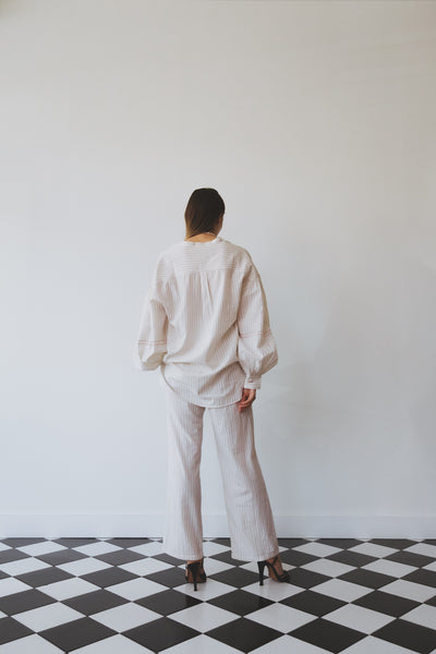 JASMINE SHIRT, IVORY/INDIGO PINSTRIPE COTTON