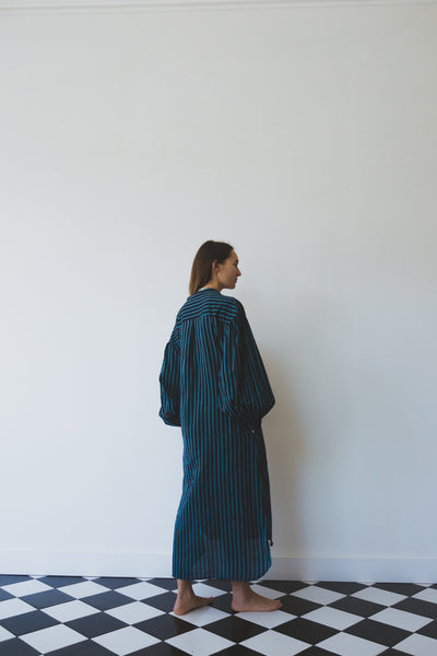 JASMINE DRESS, BLUE PINSTRIPE COTTON