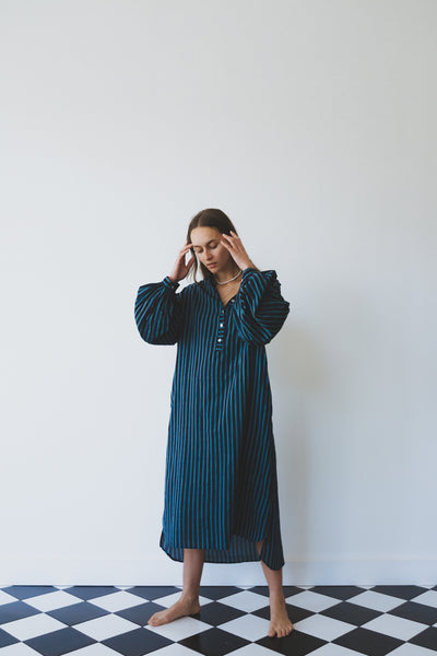 JASMINE DRESS, BLUE PINSTRIPE COTTON